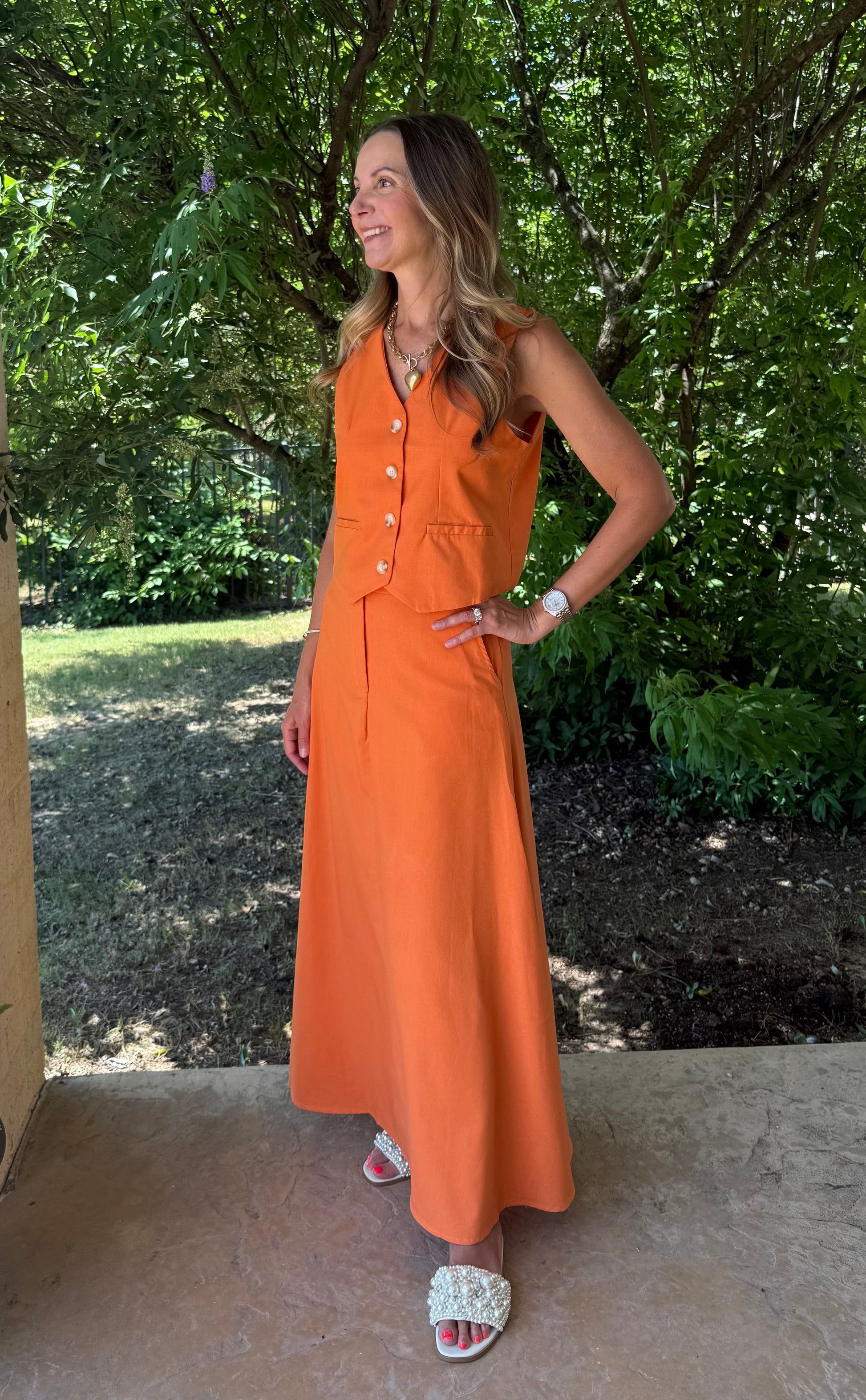 *Final Sale* Laurie Cotton & Linen Vest with Long Swing Skirt Set in Orange