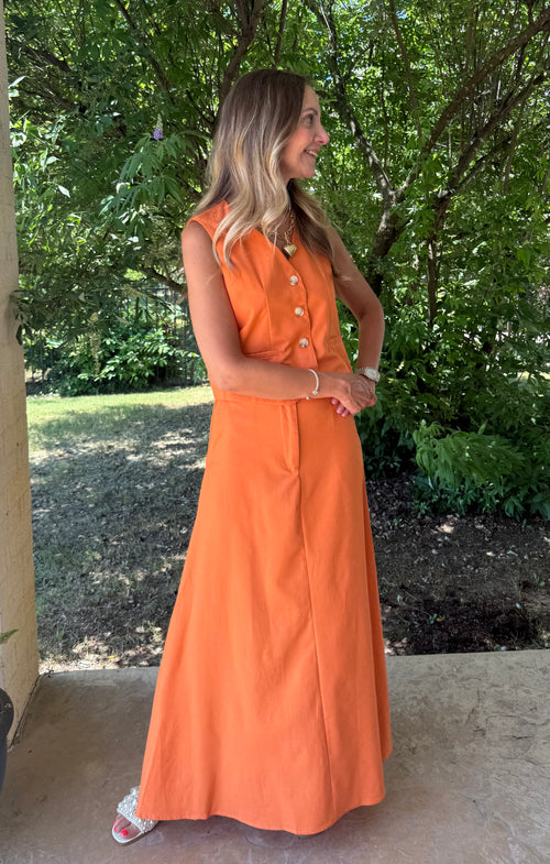 *Final Sale* Laurie Cotton & Linen Vest with Long Swing Skirt Set in Orange