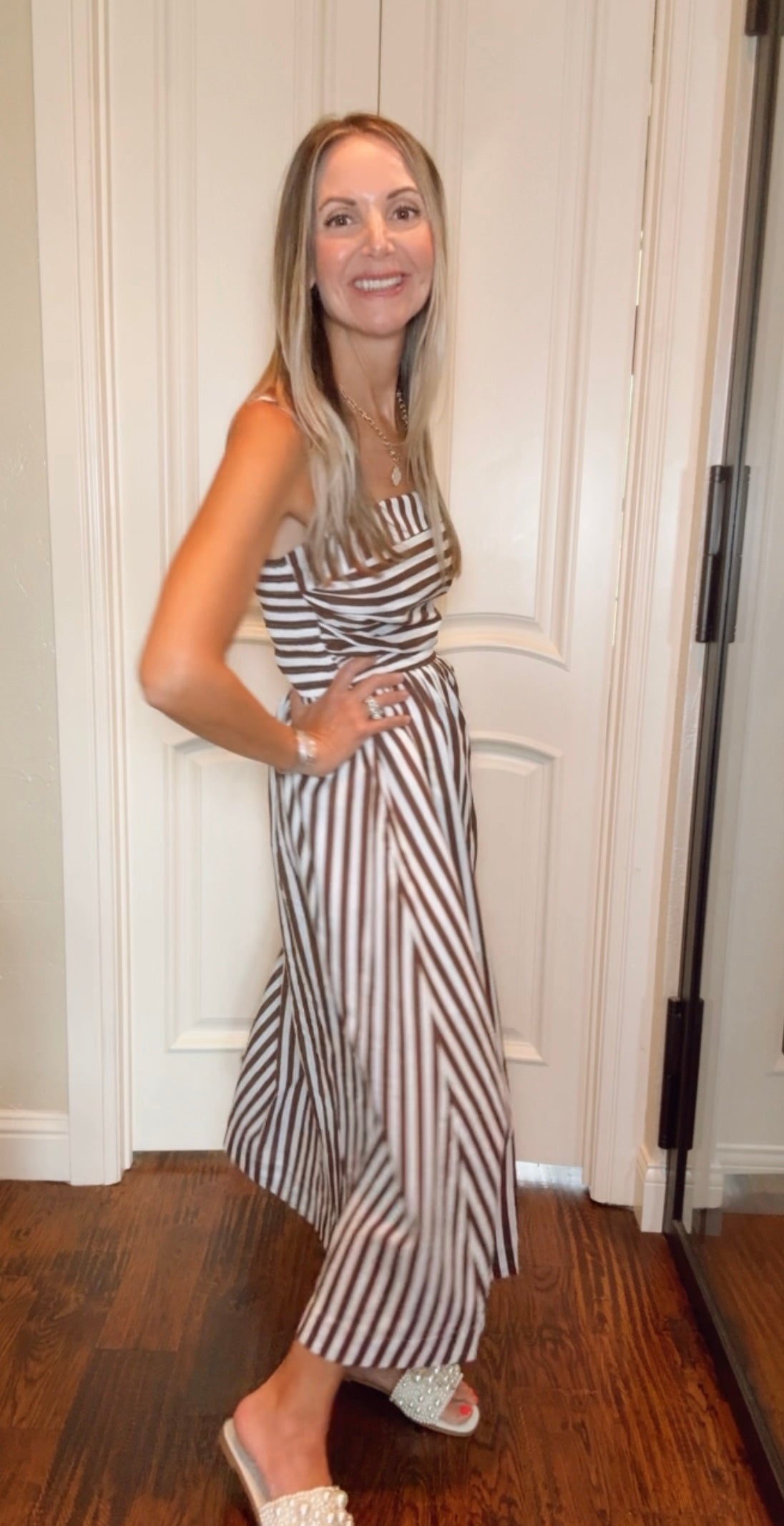 Ana Striped Midi Dress with Adjustable Straps - Brown