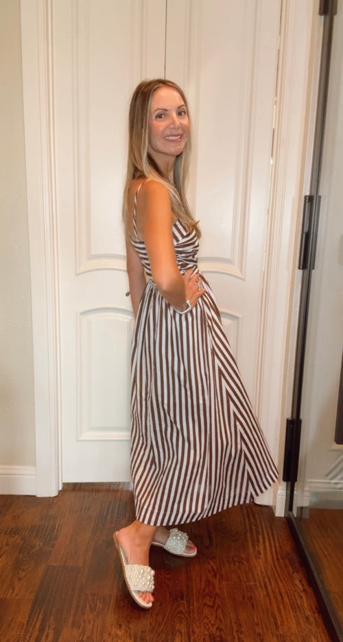 *Final Sale* Ana Striped Midi Dress with Adjustable Straps - Brown