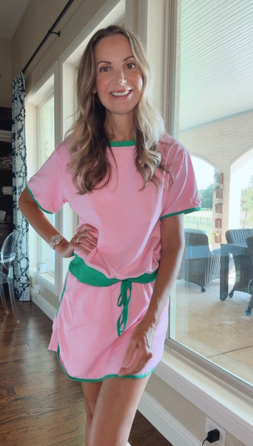 *Final Sale* Grace Color Block Drop Shoulder T-Shirt & Skirt Set in Pink