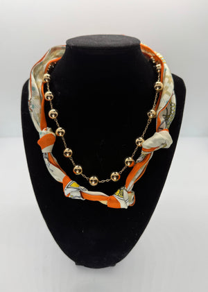 Orange Equestrian Themed Scarf with Gold Tone Ball Necklace