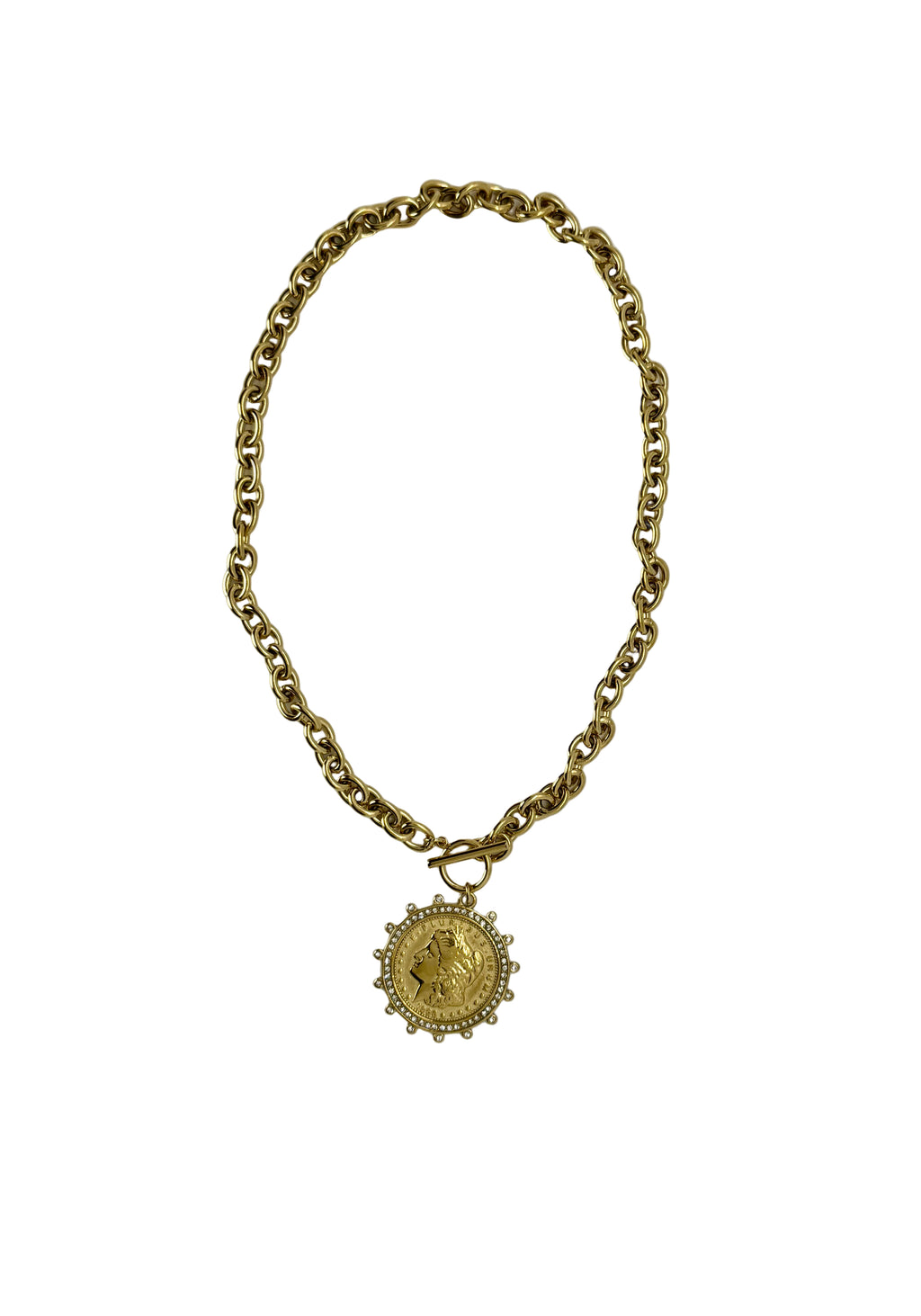 Large 18K Gold Plated Coin Necklace with C.Z. Detail