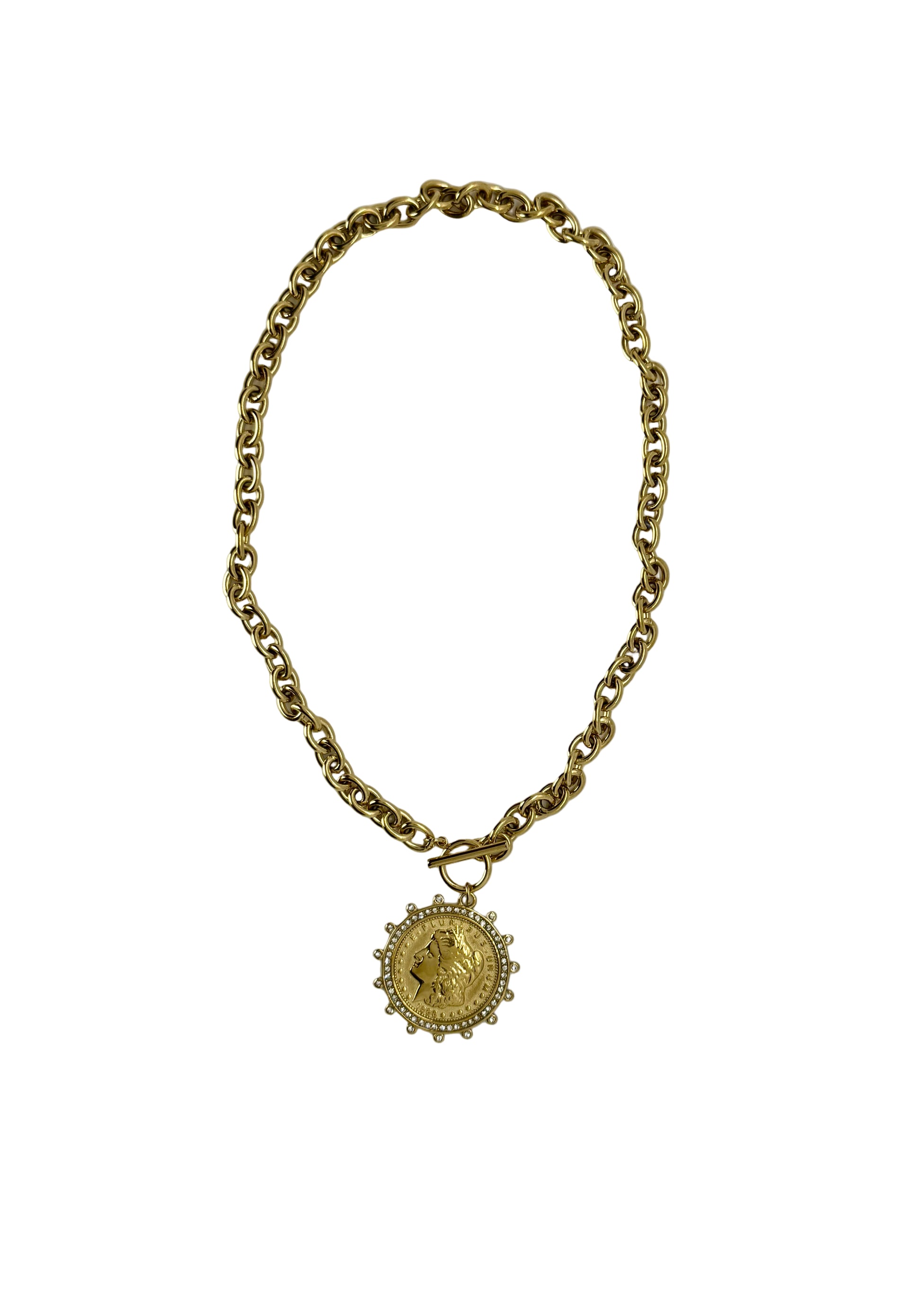 Large 18K Gold Plated Coin Necklace with C.Z. Detail