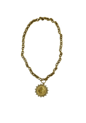 Large 18K Gold Plated Coin Necklace with C.Z. Detail