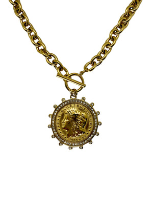 Large 18K Gold Plated Coin Necklace with C.Z. Detail