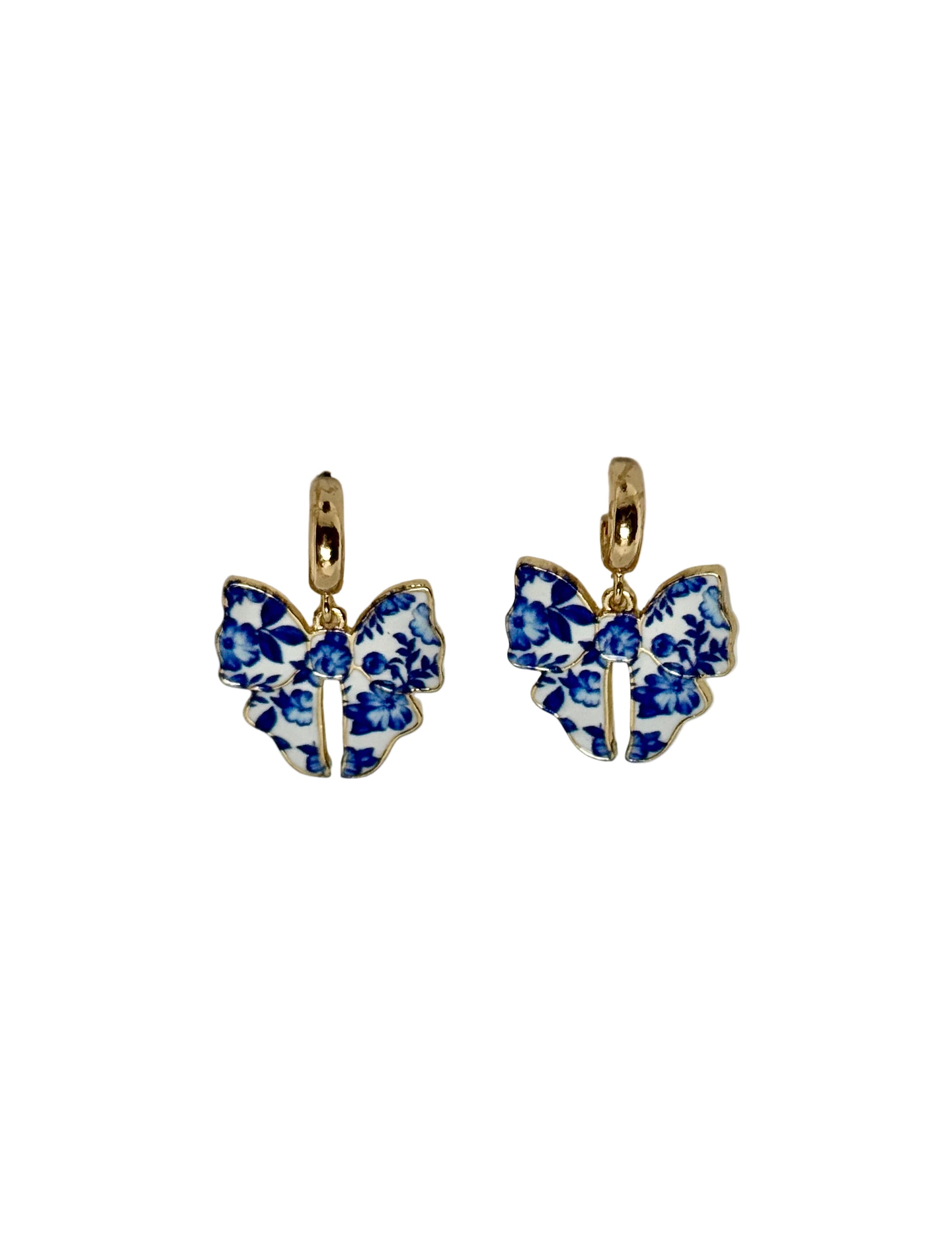 Blue Ceramic Chinoiserie Print Bow Dangle Earrings with Gold Tone