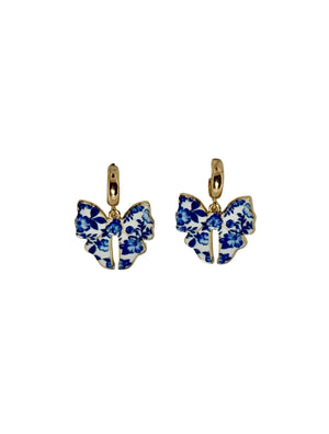 Blue Ceramic Chinoiserie Print Bow Dangle Earrings with Gold Tone