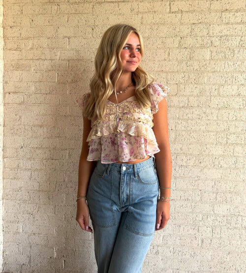 *FINAL SALE* Caroline Floral Print Ruffle Lace Trimmed Top