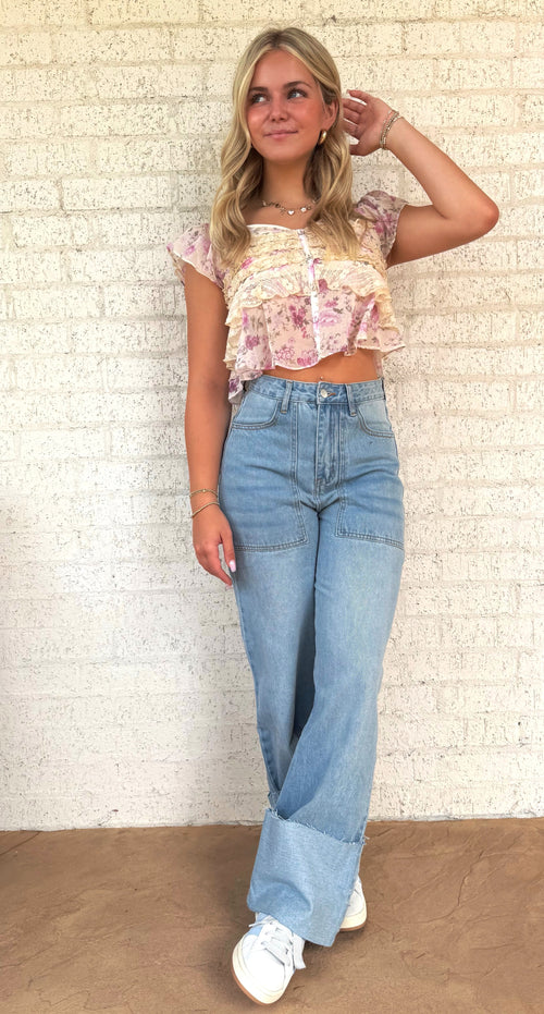 *FINAL SALE* Caroline Floral Print Ruffle Lace Trimmed Top