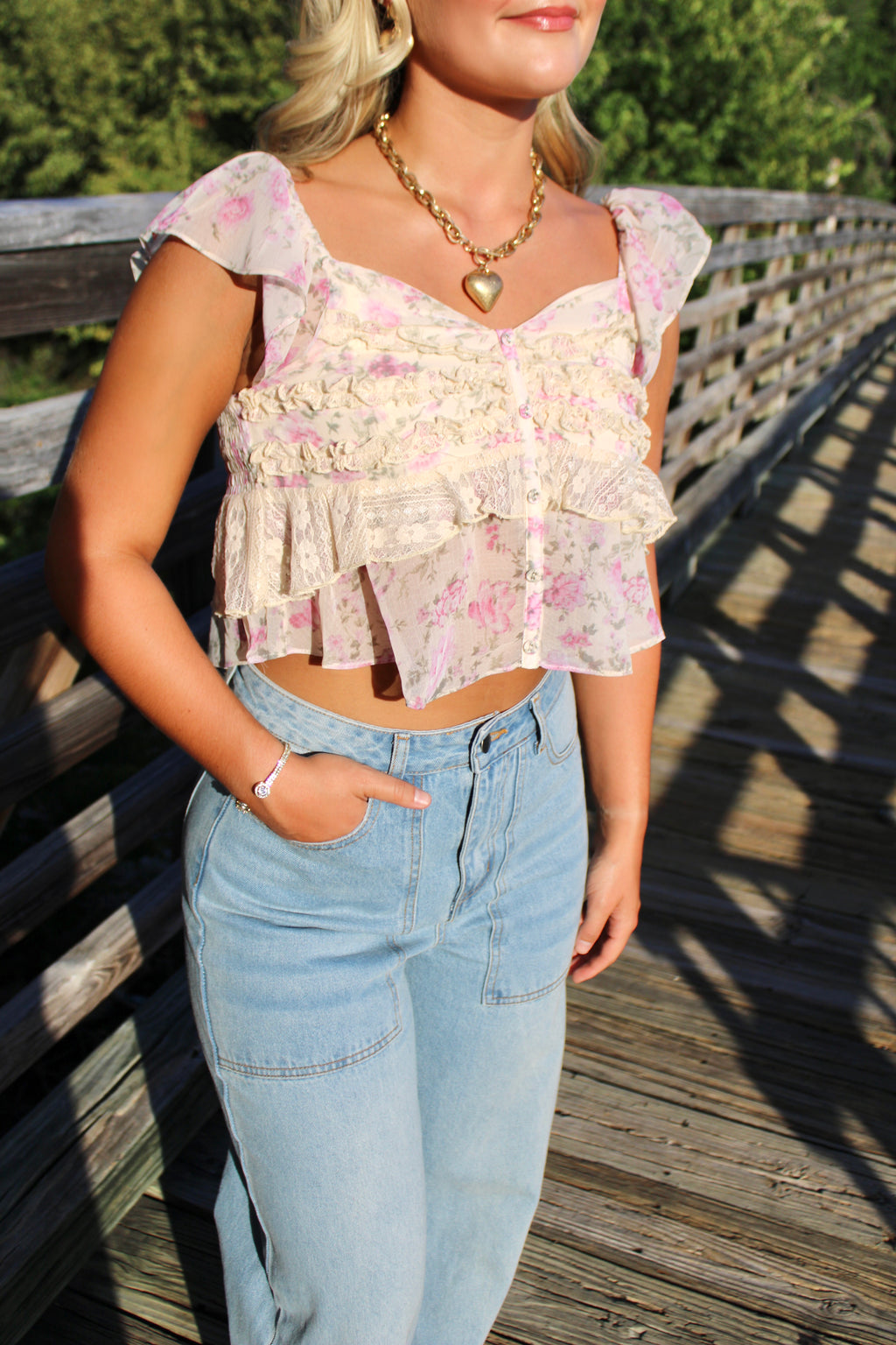 *FINAL SALE* Caroline Floral Print Ruffle Lace Trimmed Top