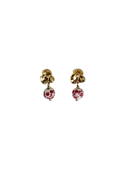 Pink Chinoiserie Dangle Earrings with Gold Tone Flower Posts