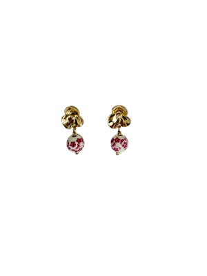 Pink Chinoiserie Dangle Earrings with Gold Tone Flower Posts