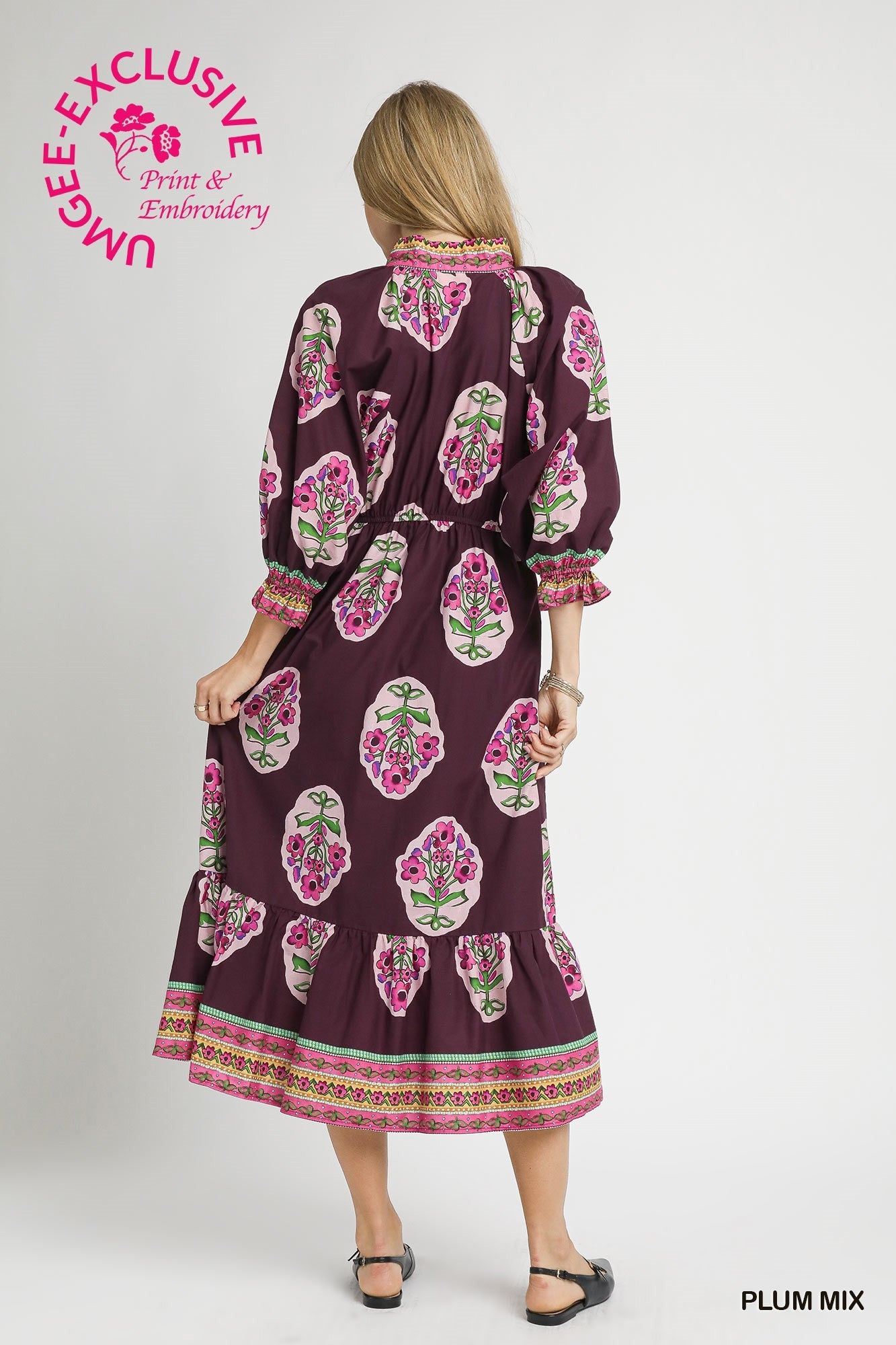Umgee Flower Patch Boarder Print V-Neck Midi Dress