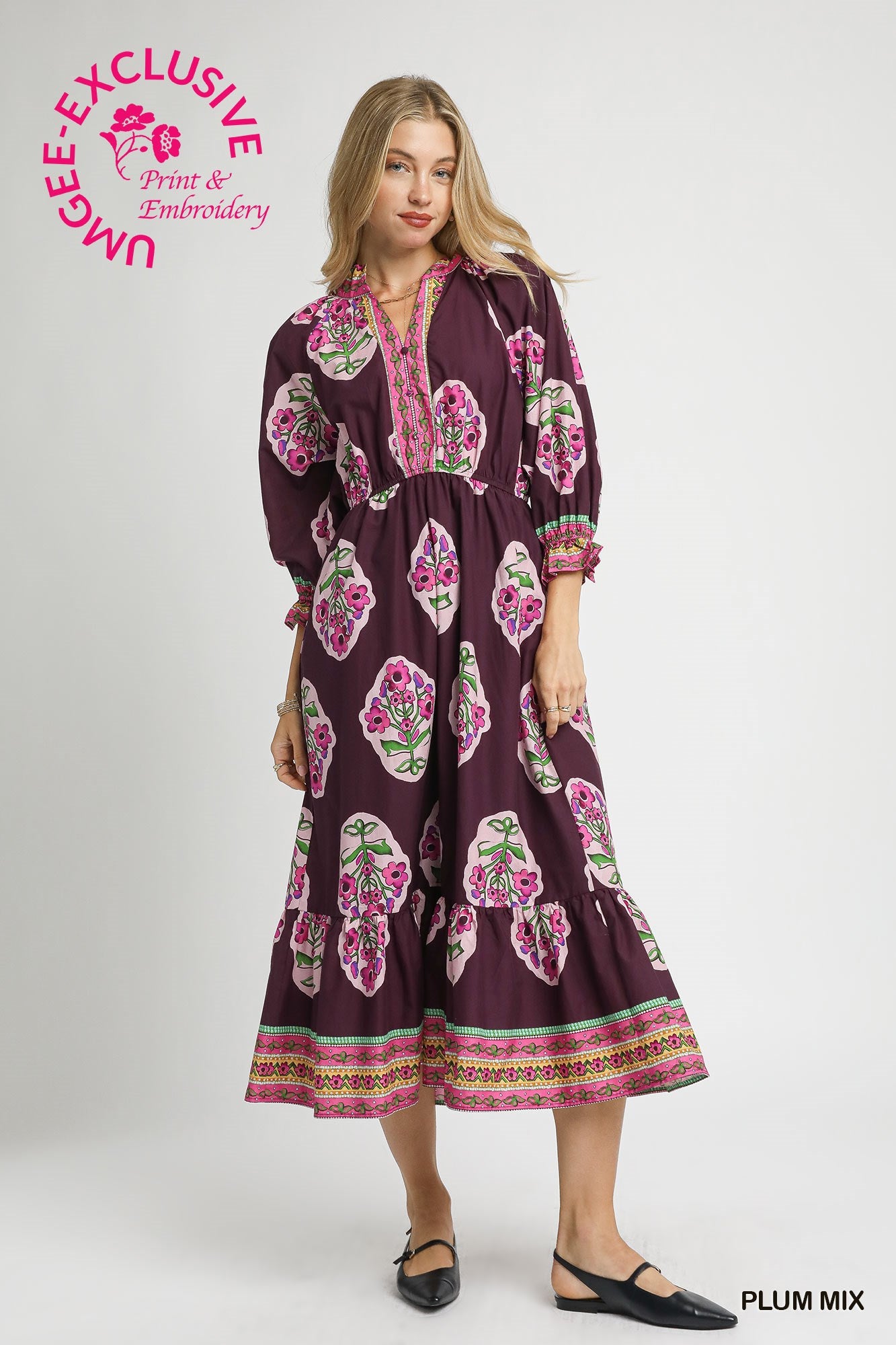 Umgee Flower Patch Boarder Print V-Neck Midi Dress
