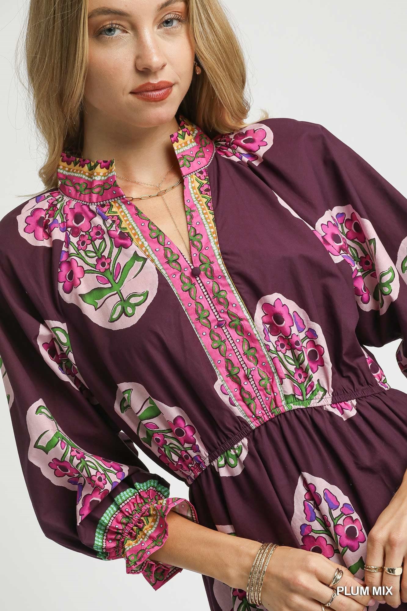 Umgee Flower Patch Boarder Print V-Neck Midi Dress