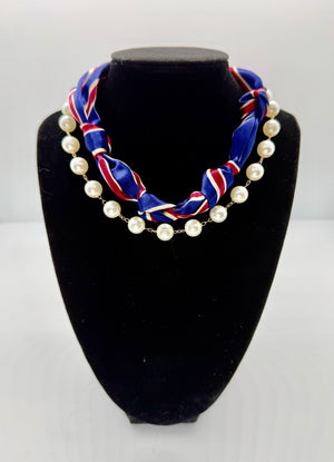 Red, White, & Blue Scarf with Pearl Necklace