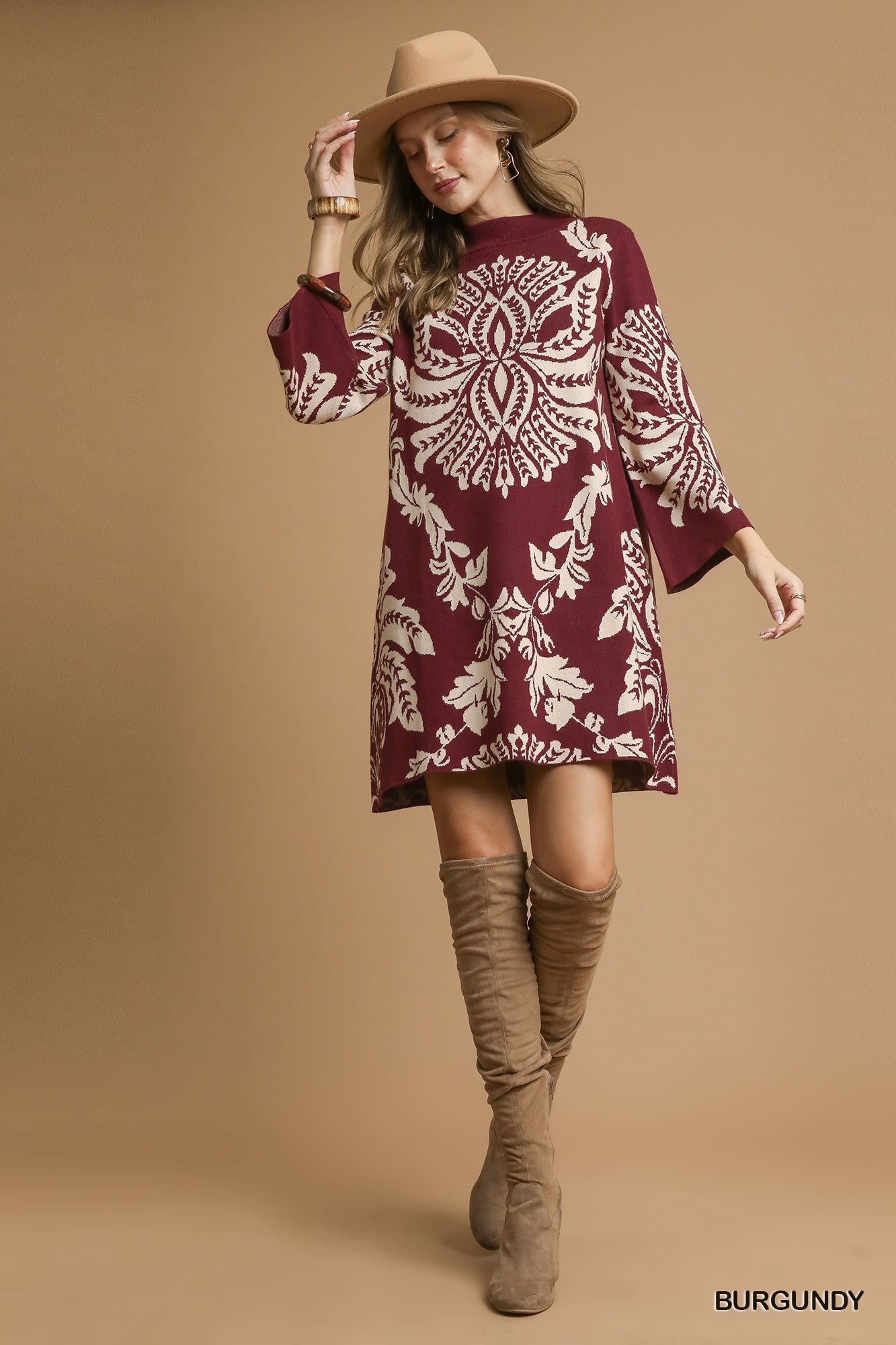 Umgee Two Tone Abstract Print Sweater Dress - Burgundy