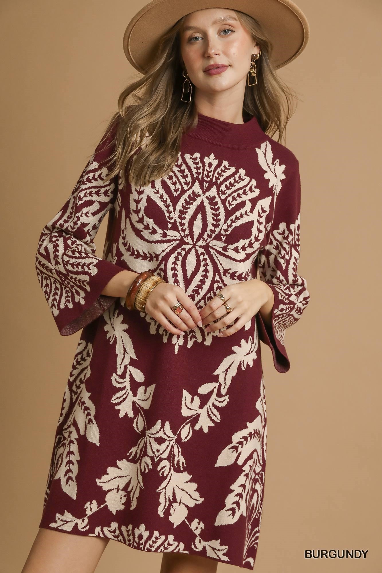 Umgee Two Tone Abstract Print Sweater Dress - Burgundy