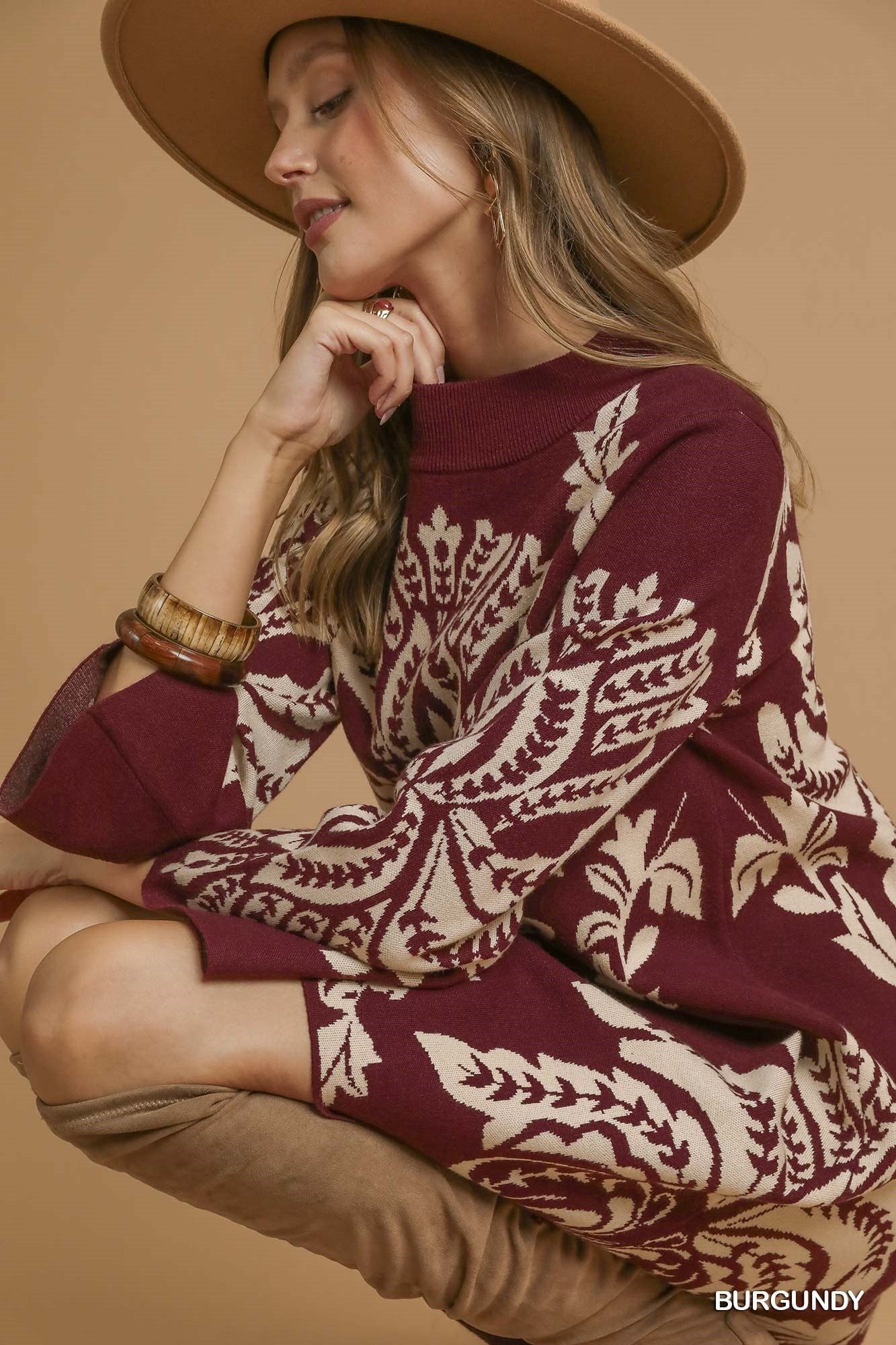 Umgee Two Tone Abstract Print Sweater Dress - Burgundy