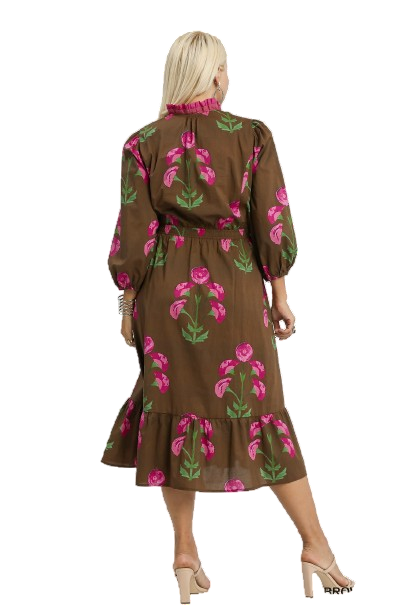 Umgee Floral Midi Dress with Ruffle Trim and Elastic Waist - Brown