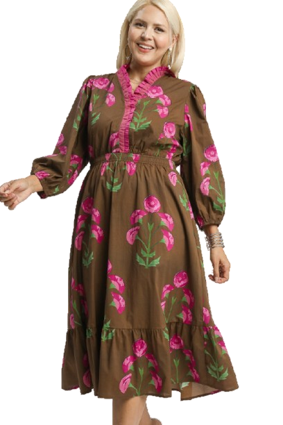 Umgee Floral Midi Dress with Ruffle Trim and Elastic Waist - Brown