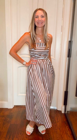 Ana Striped Midi Dress with Adjustable Straps - Brown