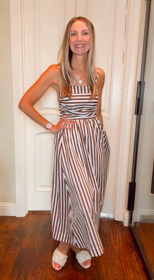 *Final Sale* Ana Striped Midi Dress with Adjustable Straps - Brown