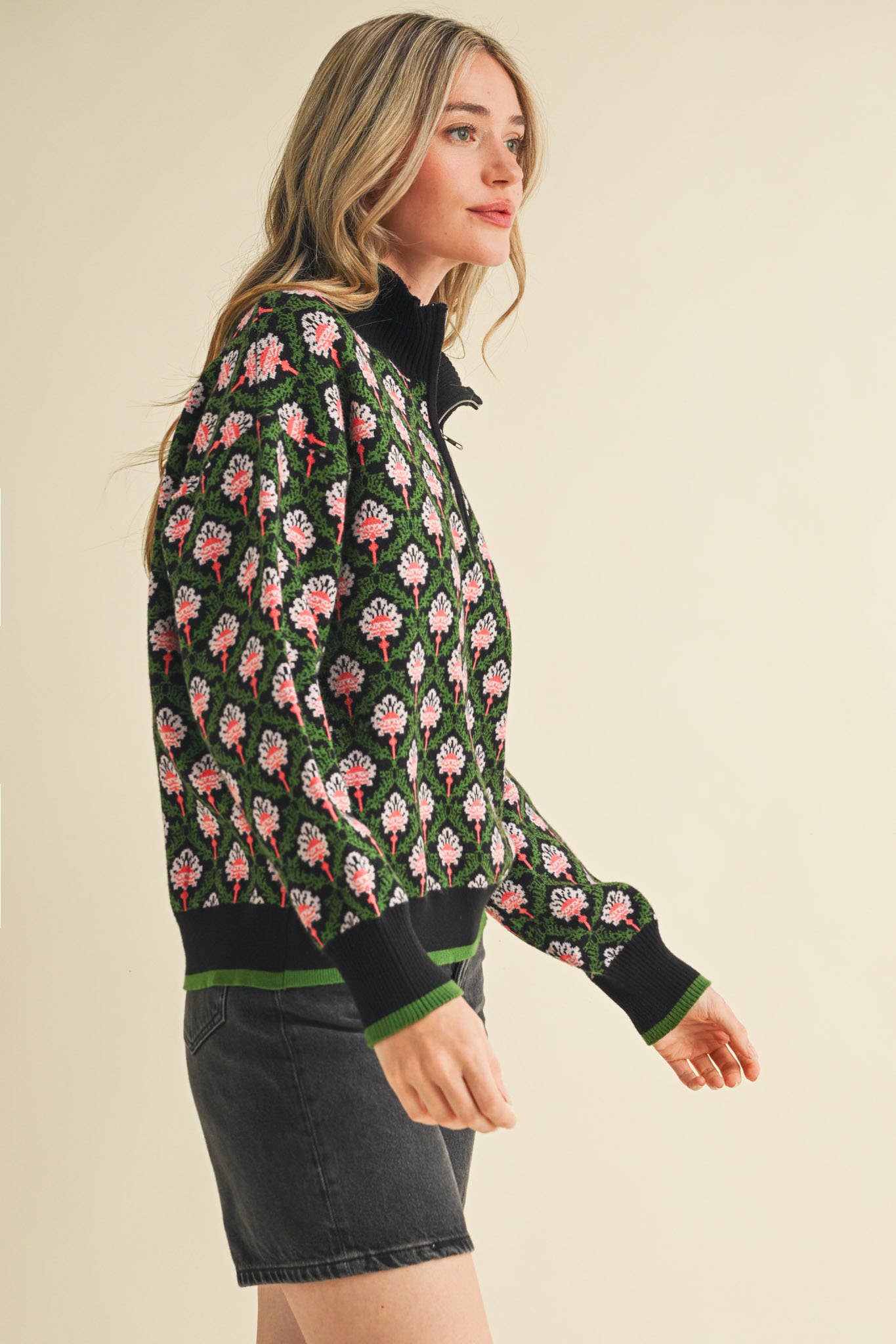 FLORAL MOCK NECK HALF ZIP PULLOVER