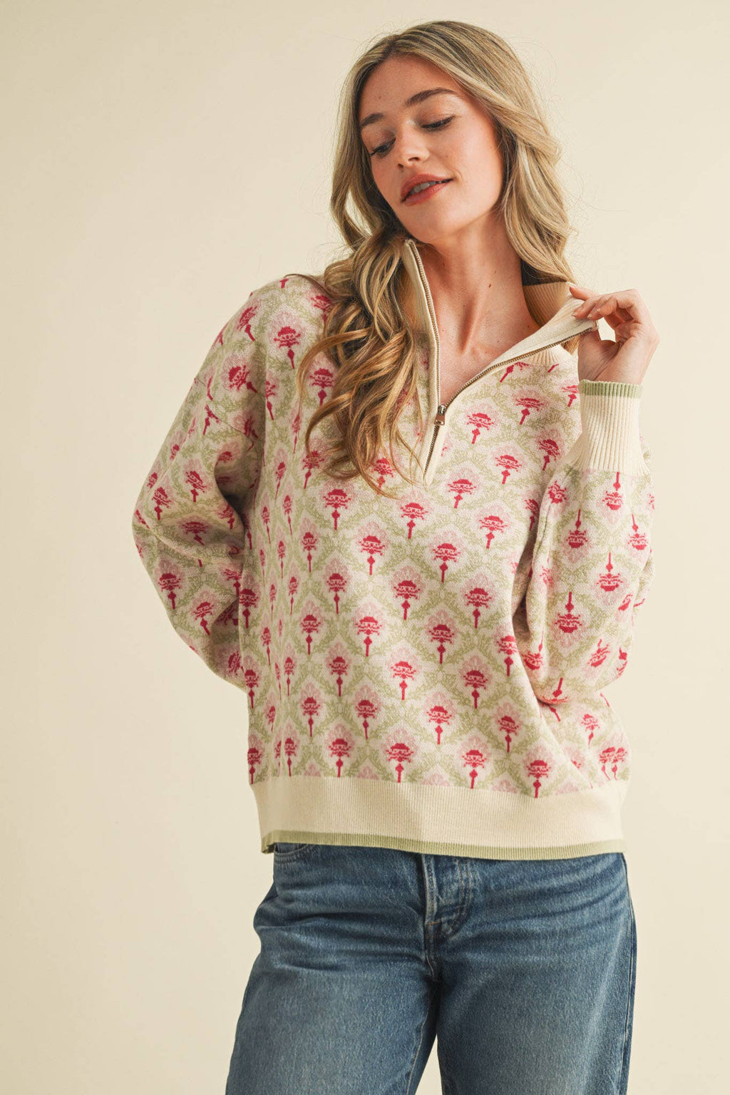 FLORAL MOCK NECK HALF ZIP PULLOVER