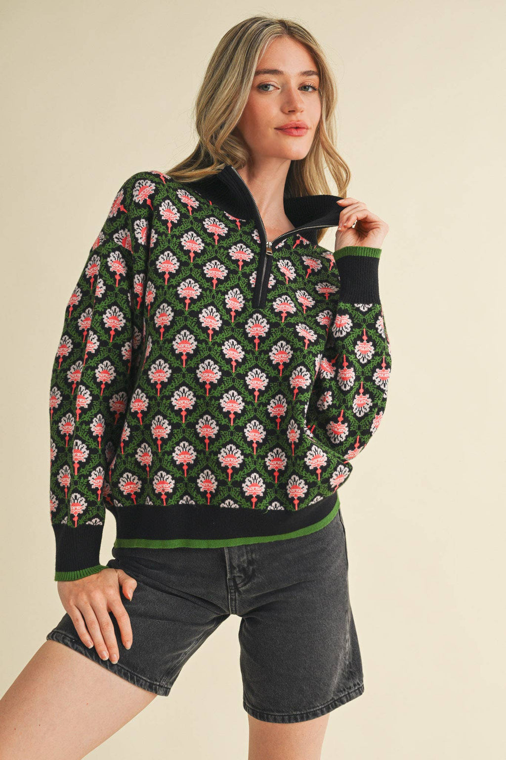 FLORAL MOCK NECK HALF ZIP PULLOVER