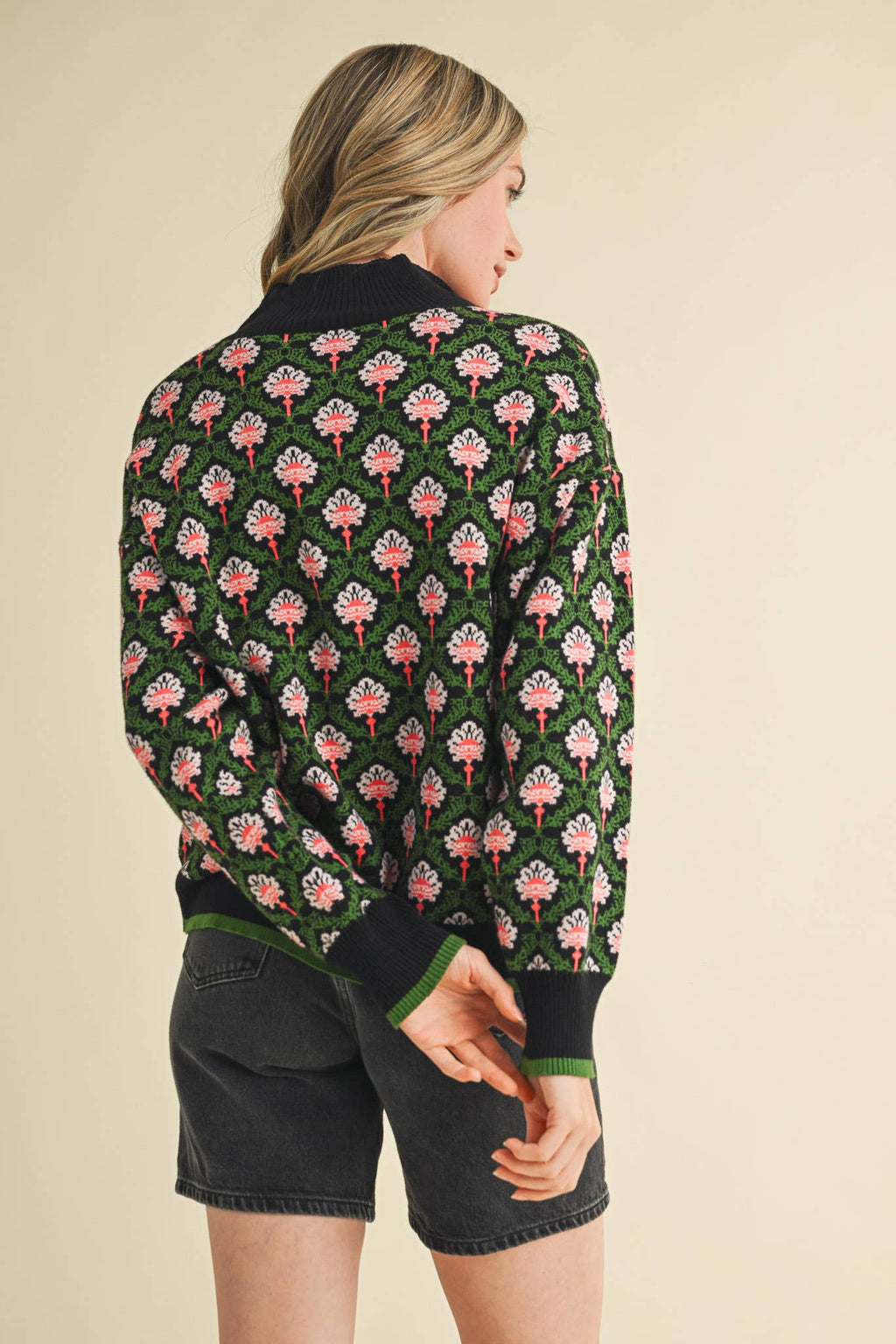 FLORAL MOCK NECK HALF ZIP PULLOVER