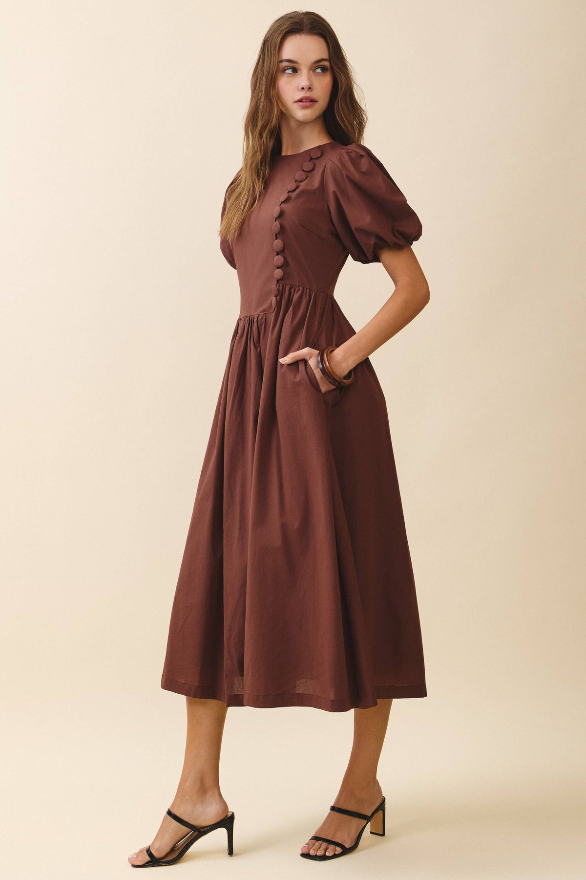 TCEC Puff Sleeve Round Neck Faux Button Detail Dress in Coffee