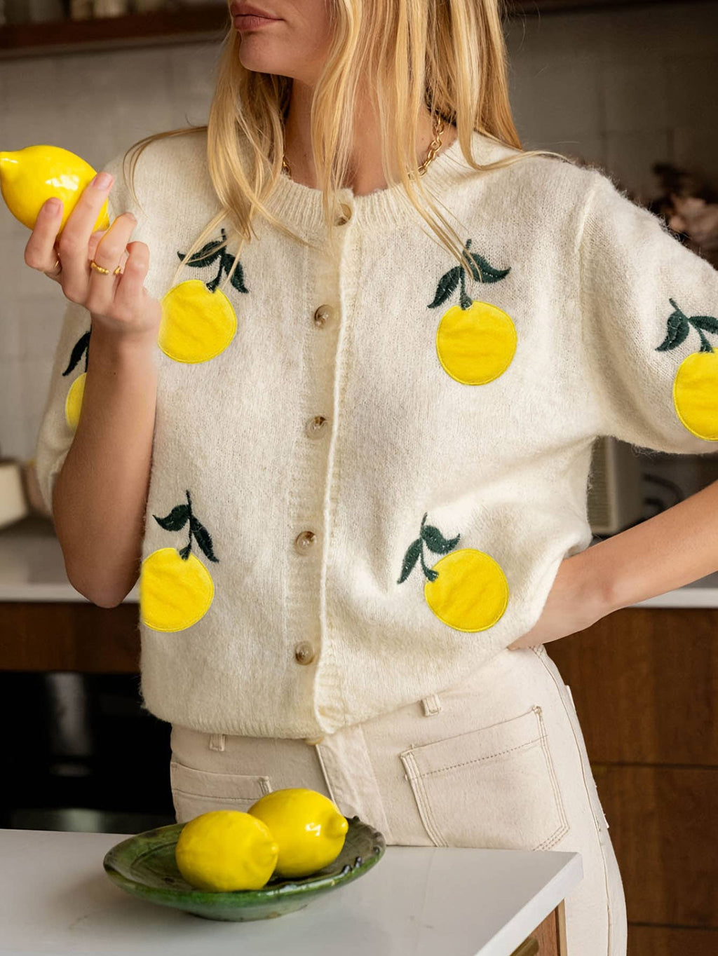 Lemon Patch Knit Sweater Cardigan with Short Sleeves