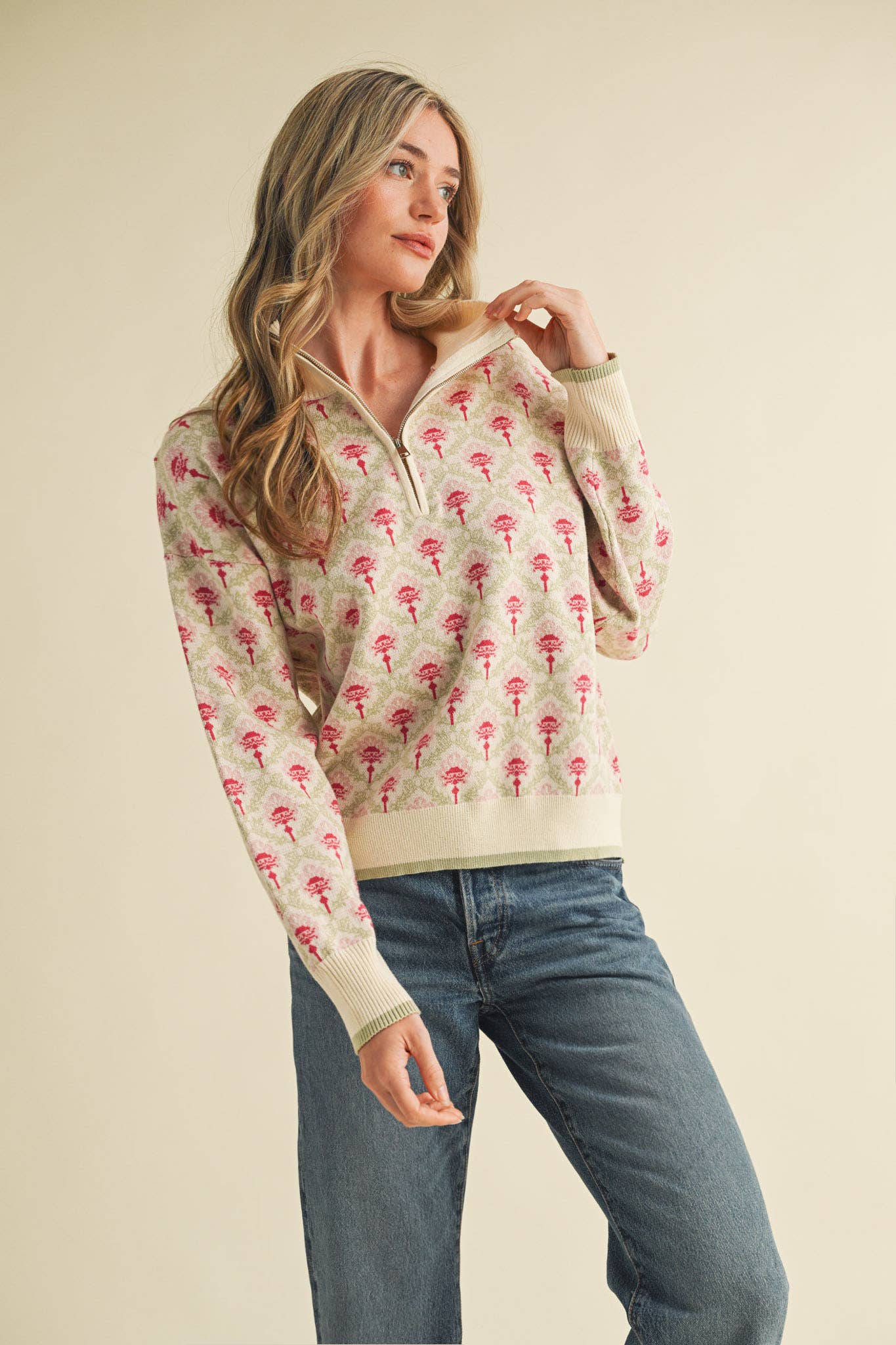 FLORAL MOCK NECK HALF ZIP PULLOVER