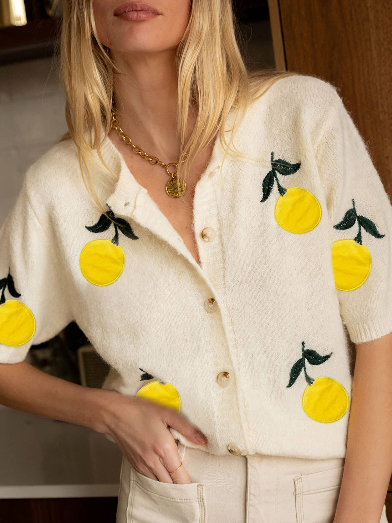 Lemon Patch Knit Sweater Cardigan with Short Sleeves