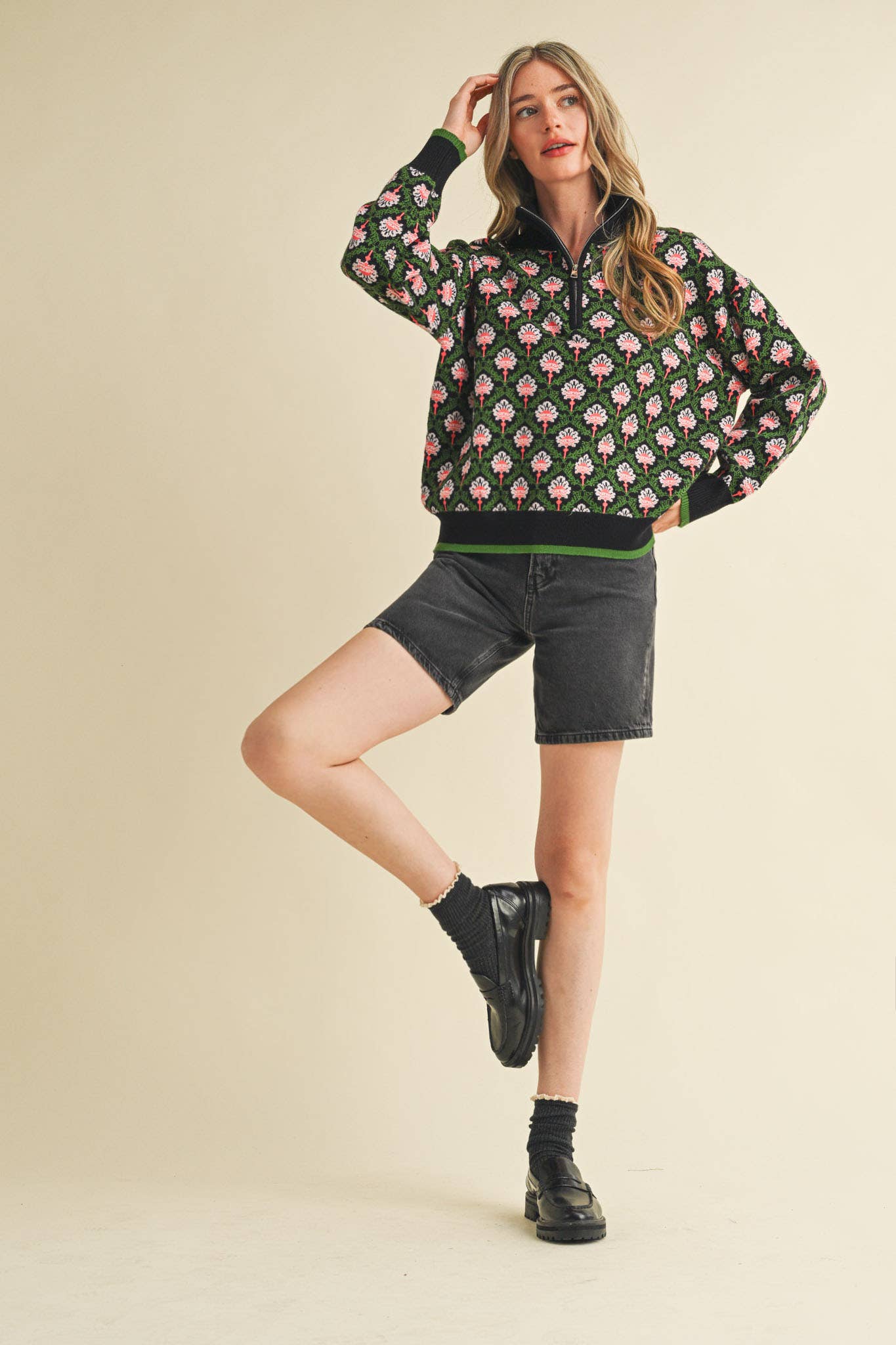 FLORAL MOCK NECK HALF ZIP PULLOVER