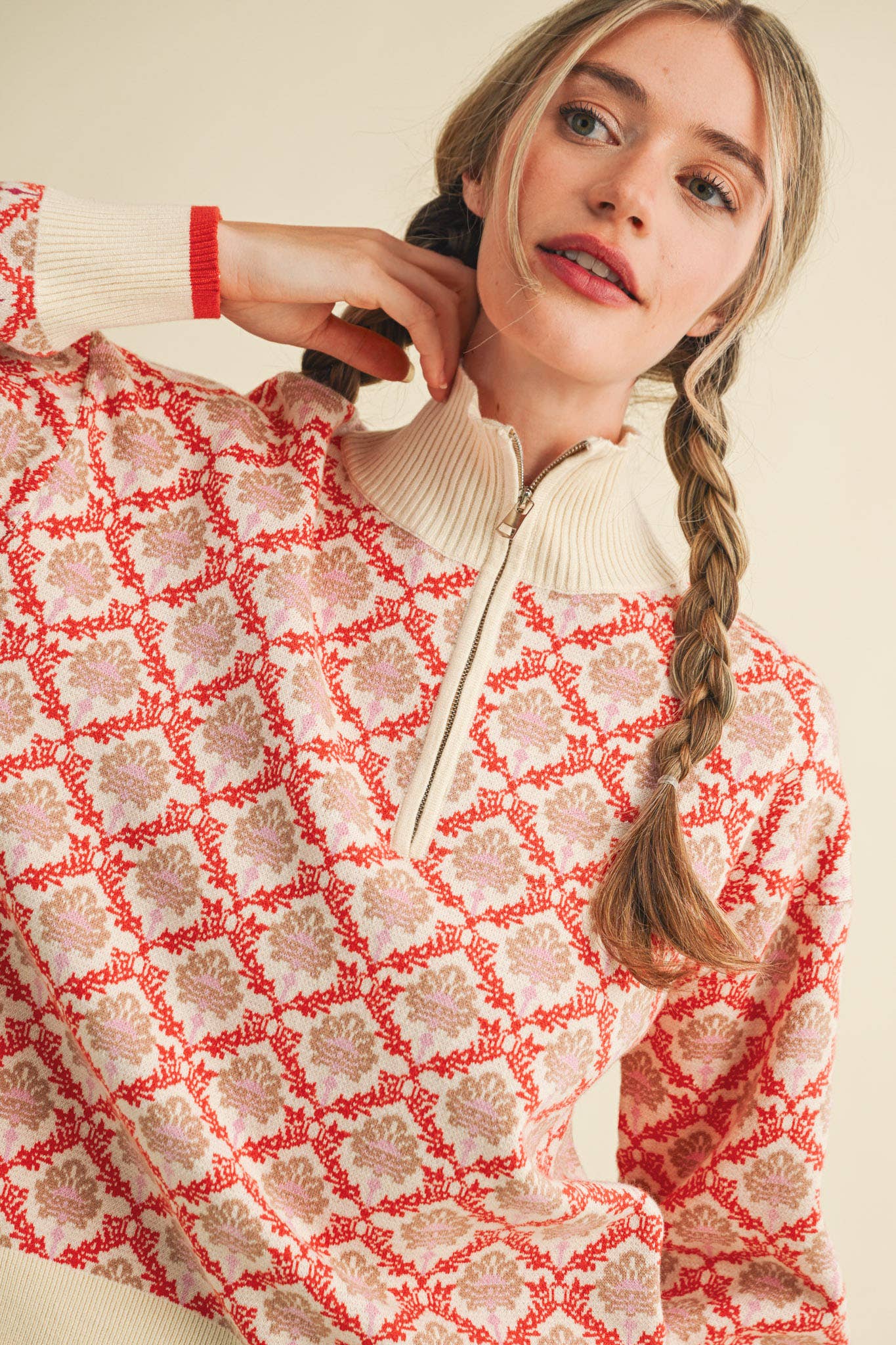 FLORAL MOCK NECK HALF ZIP PULLOVER