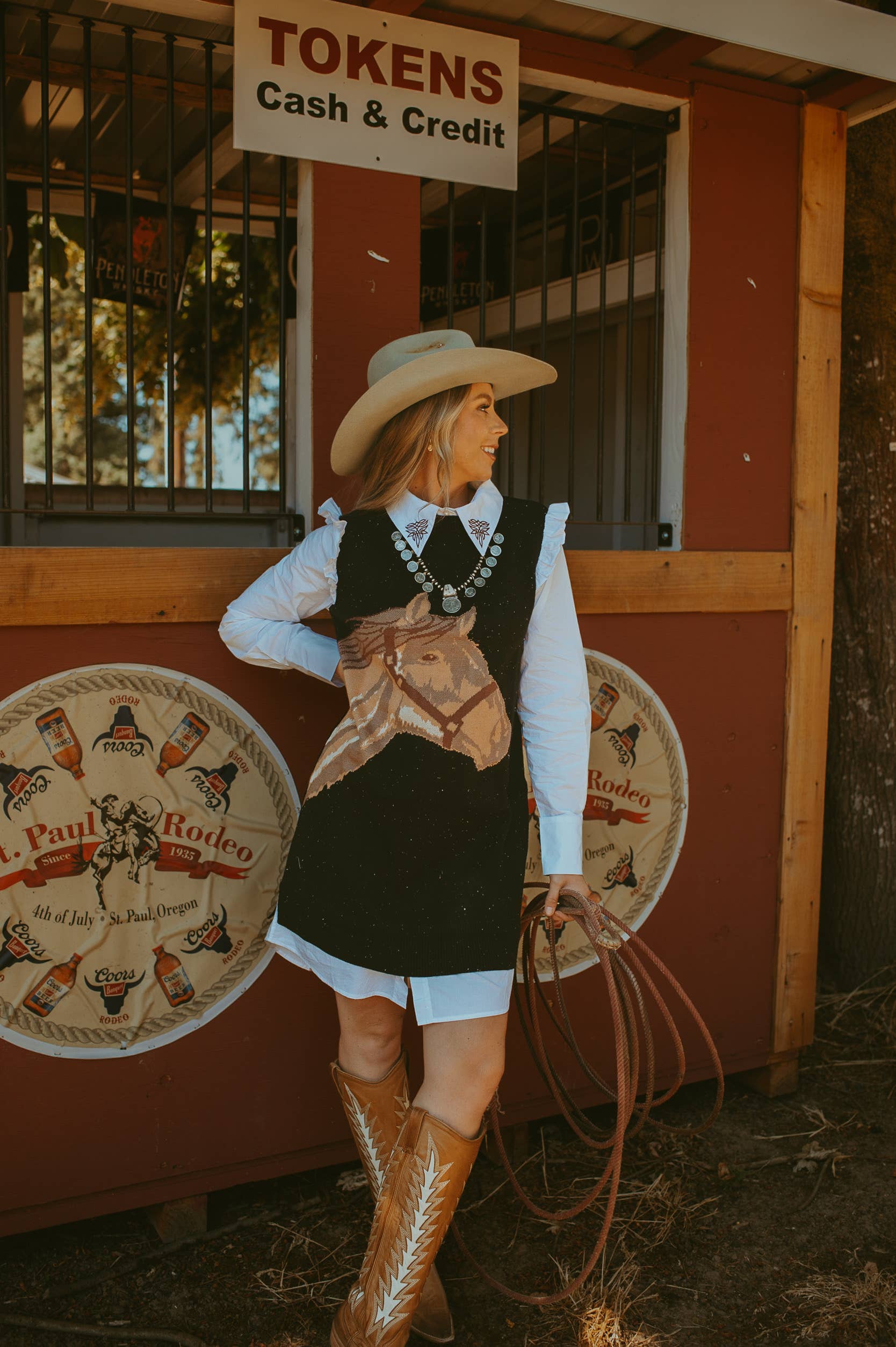 sweater dress and cowboy boots Sale* Horse Sweater Dress in Black w/Faux White Ruffled Oxford Dress – Bottega Estephe