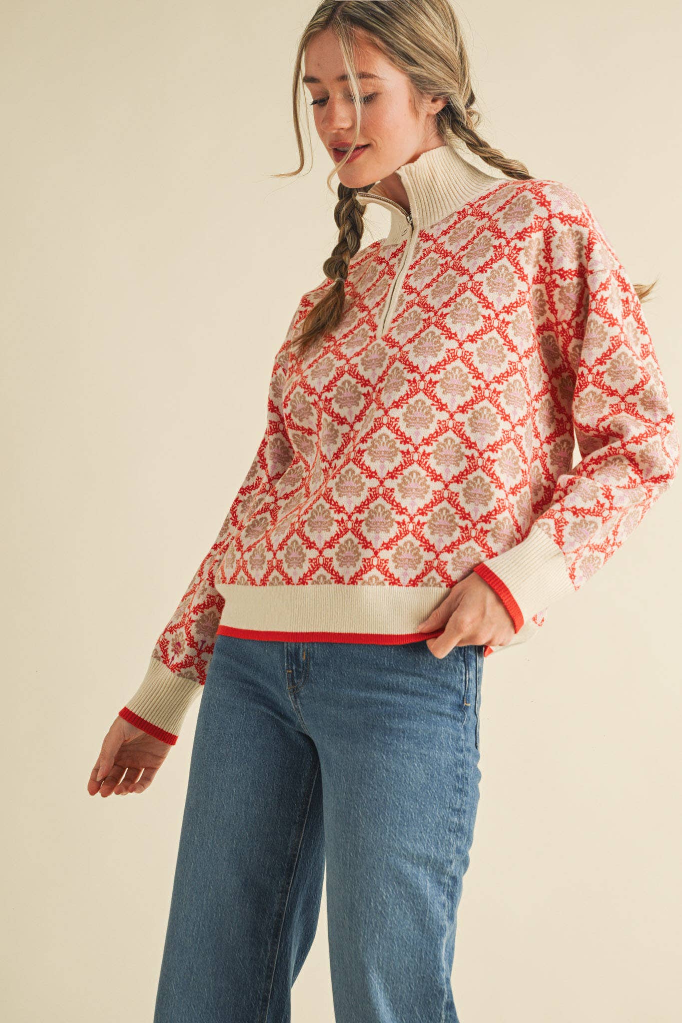 FLORAL MOCK NECK HALF ZIP PULLOVER