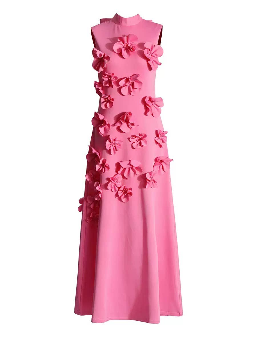 Meg Sleeveless 3D Flower Maxi Dress in Pink