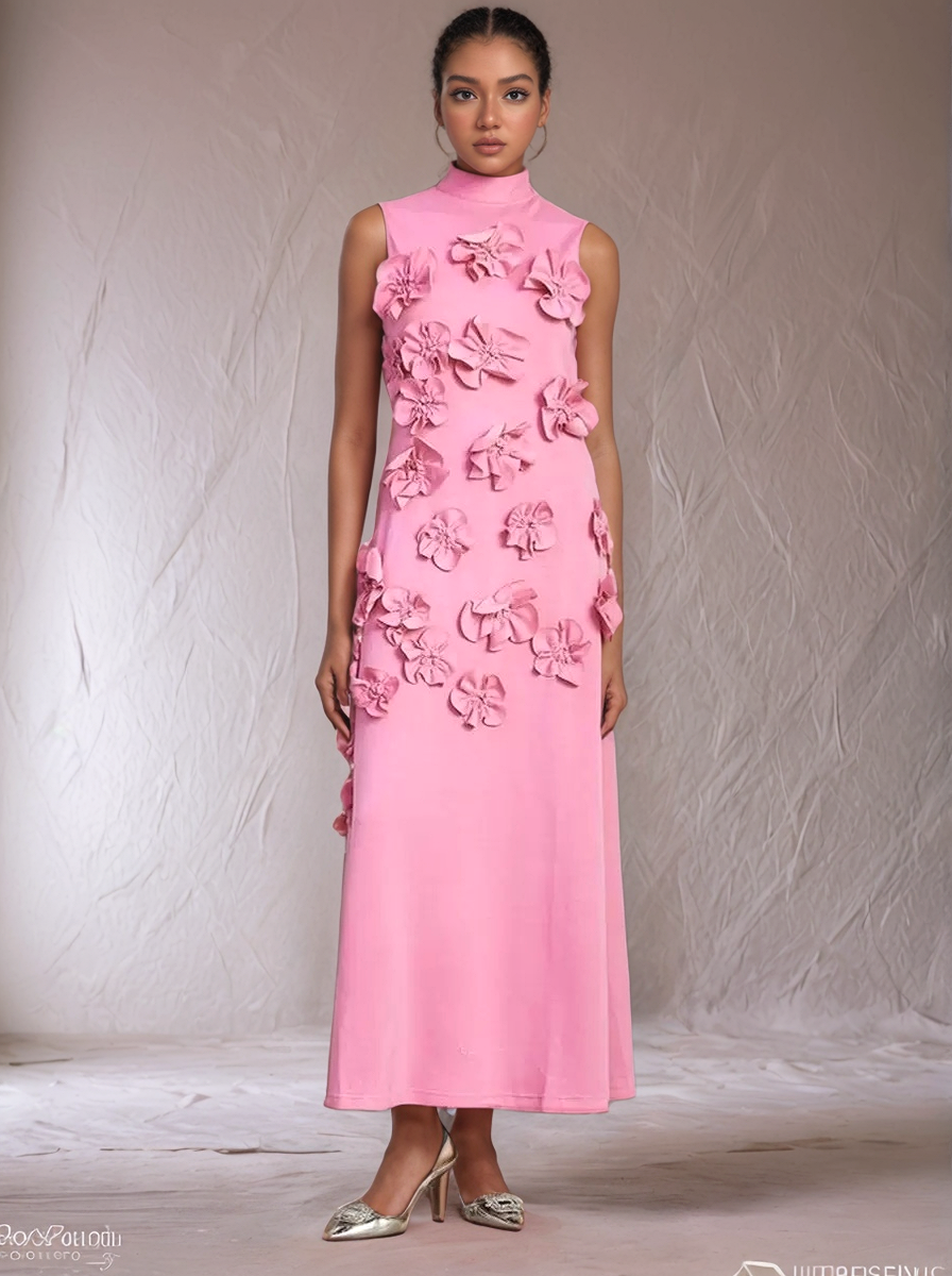 Meg Sleeveless 3D Flower Maxi Dress in Pink