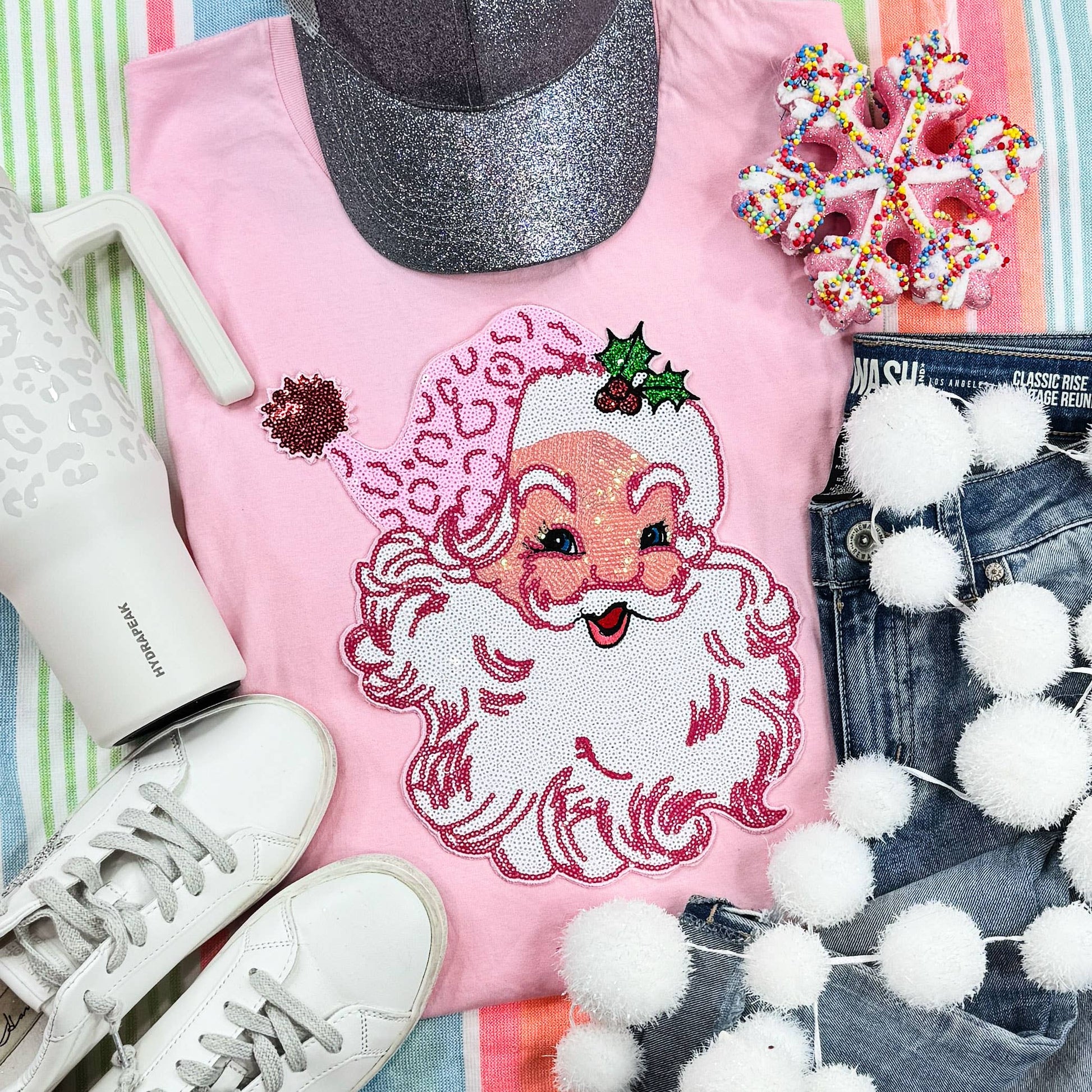 Ho Ho Ho Sequin Santa Patch Christmas T-Shirt in Pink