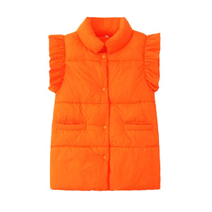 Stylish Loose Stand-Up Collar Ruffled Sleeve Cotton Vest in Orange