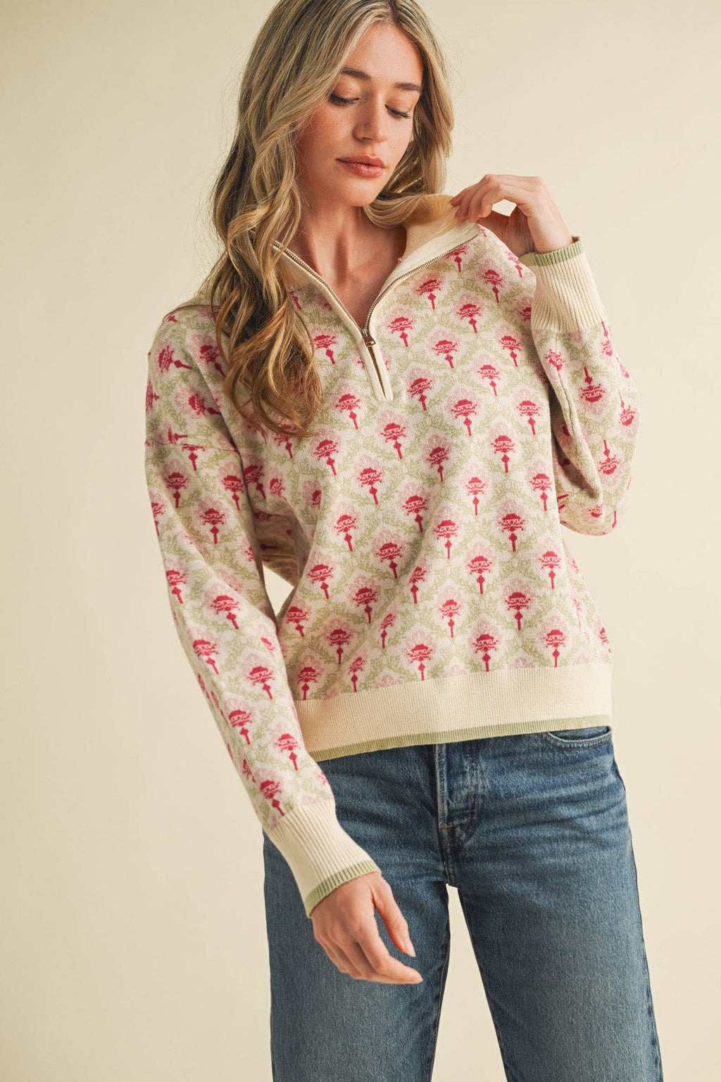FLORAL MOCK NECK HALF ZIP PULLOVER