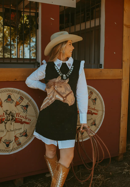*Pre-Order* Horse Sweater Dress with Faux White Ruffled Oxford Dress - Beige